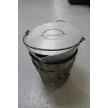 An aluminium lidded jam pan together with two galvanized twin handled buckets