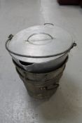 An aluminium lidded jam pan together with two galvanized twin handled buckets