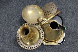 A tray of antique and later brass ware, rose sprayer, comport, jug,