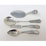 Two Dutch silver spoons, a fork and a continental silver cake slice stamped 835.