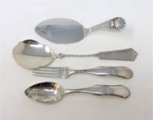 Two Dutch silver spoons, a fork and a continental silver cake slice stamped 835.