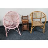 An early 20th century dolls high chair together with two bamboo and wicker chairs