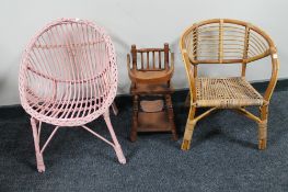 An early 20th century dolls high chair together with two bamboo and wicker chairs