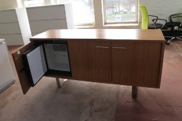 A three door walnut effect office sideboard containing a fridge (fridge door requires attention)