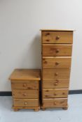 A narrow pine seven drawer chest and a pine bedside chest