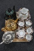 A tray of antique and later tea china, embossed teapot,