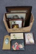 A box of antique pictures and prints including Victorian needlework panel, portraits,