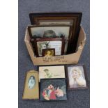 A box of antique pictures and prints including Victorian needlework panel, portraits,