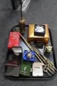 A tray of brass hearth brush, two brass toasting forks with tongs,