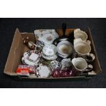 A box of antique and later china, chintz water jugs, tea china, cow creamer,