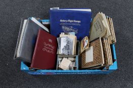 A box of postcards, cigarette cards, albums of first day covers, Royalty, History of flight,