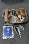 A box of antique and later plated wares, serving dishes, cased spoons,