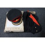 A box of three piece British military formal dress uniform with cap