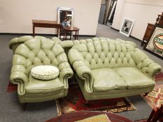 A four piece pistachio green Tetrad button leather lounge suite comprising of three seater,