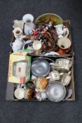 Two boxes of Sadler tea service, plated wares, butter dishes, sculptures, figures,