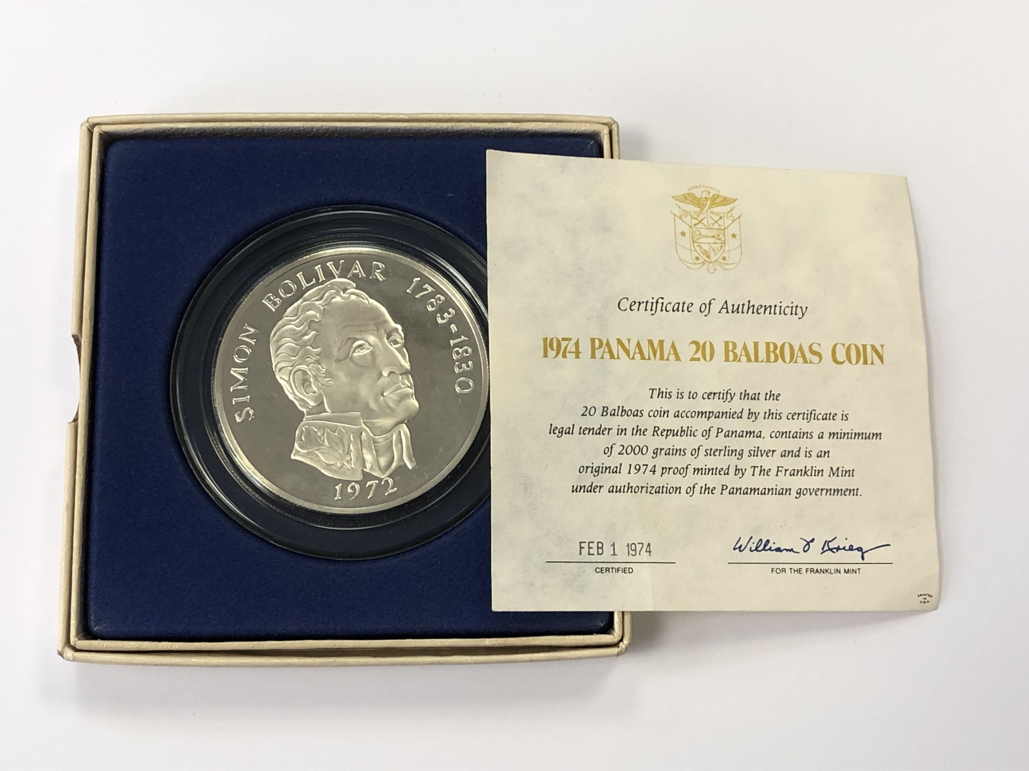 A 1974 Panama 20 Balboas silver coin,