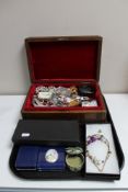 A tray of carved eastern jewellery box together with a quantity of costume and silver jewellery