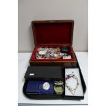 A tray of carved eastern jewellery box together with a quantity of costume and silver jewellery