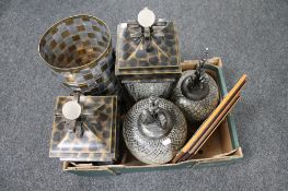A box of contemporary home furnishings, lidded vases, metal bin,