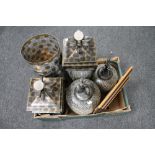 A box of contemporary home furnishings, lidded vases, metal bin,