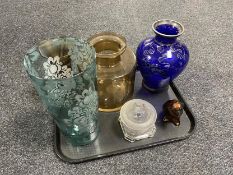 A tray of early 20th century and later glass vases, lidded pot,