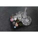 A tray of crystal decanter, cut glass bowl, more glass ware,