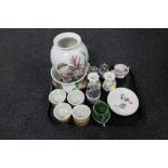 A tray of assorted china, Mabel Lucie Attwell Shelley plate, Royal Worcester egg coddlers,
