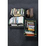 Four plastic crates of books, antique family bibles, nature,