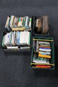 Four plastic crates of books, antique family bibles, nature,