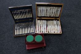 Two twentieth century cutlery canteens of fish cutlery, cased steak knives and forks,