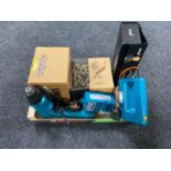 A box of Black & Decker jigsaw, Makita electrical drill, door locks,