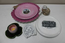 Six pieces of antique and later china - lustre tourist plates, Isle of Man teapot stand,