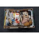 A box of vintage toys to include Mini Mouse rag doll, wooden box,