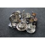 A tray of twentieth century plated wares, muffin dish and cover, three way candelabrum, tankards,