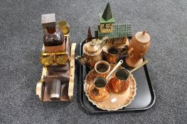 A tray of assorted metal ware to include copper measures on tray, eastern copper tea pot,