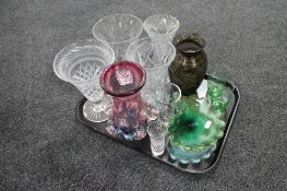 A tray of assorted glass ware to include lead crystal and cut glass vases, Italian glass vase,