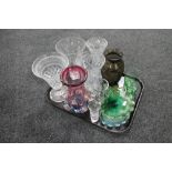 A tray of assorted glass ware to include lead crystal and cut glass vases, Italian glass vase,