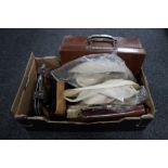 A box of sundry items to include to hats, brown leather briefcase, dressing table brush,