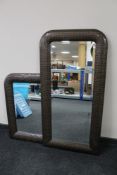 Two contemporary framed snakeskin style framed mirrors