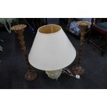 A stone effect Grecian style table lamp with shade together with a pair of gilt wood candle holders