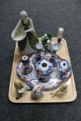 A tray of antique and later china, six piece dressing table set,