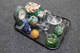 A tray of shells, Churchill marble clock, glass paperweights,