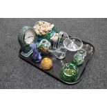 A tray of shells, Churchill marble clock, glass paperweights,