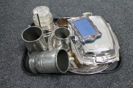 A tray of silver plated wares, antique pewter tankard,