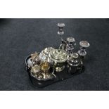 A tray of silver plated wares to include cocktail shaker,