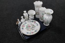 A tray of china, Aynsley and Wedgwood vases, serving plates,