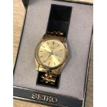 A gents vintage gold plated Seiko SQ automatic calendar wristwatch in box