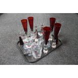A tray of hand painted decanter, six wine glasses,