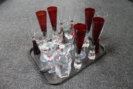 A tray of hand painted decanter, six wine glasses,