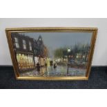 A gilt framed John Bampfield oil on canvas - Victorian street scene at dusk